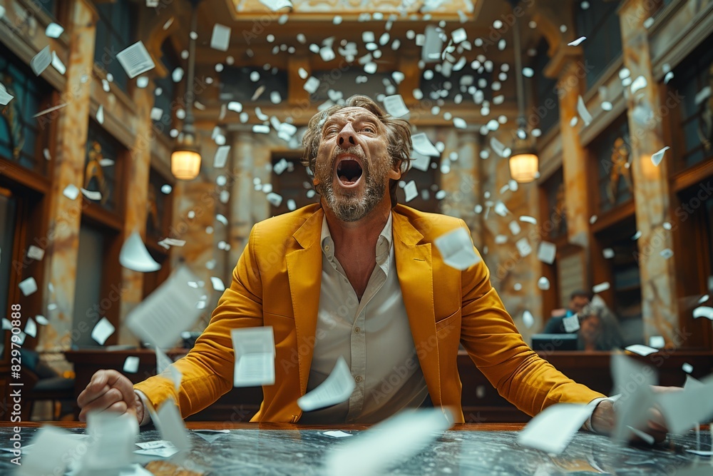 A person in a stylish yellow jacket is caught in a flurry of papers in a sophisticated library A person in a stylish yellow jacket is caught in a flurry of papers in a sophisticated library