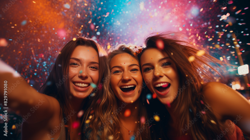 Group of female friends at a colorful party Group of female friends at a colorful party