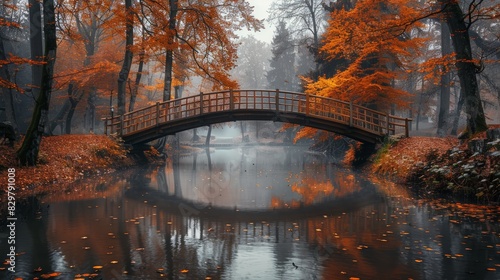 An ethereal fog surrounds a wooden bridge over a serene river amid vibrant autumn foliage, evoking a mystical ambiance