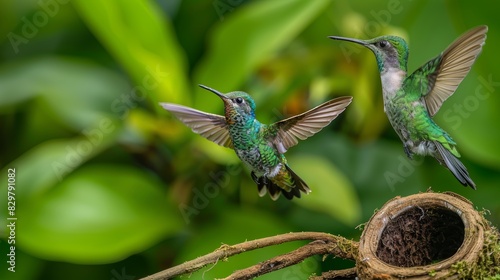 Two hummingbirds hovering mid-air next to a tree branch, displaying their vibrant plumage