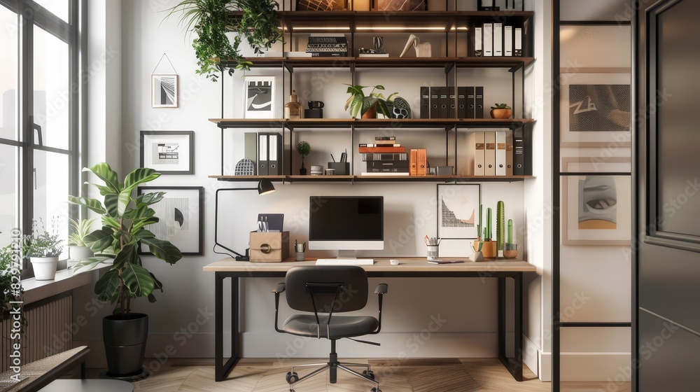 Featuring an industrial metal mesh back panel, a small desk with open shelves above it fits seamlessly into the modern office. Featuring an industrial metal mesh back panel, a small desk with open shelves above it fits seamlessly into the modern office.