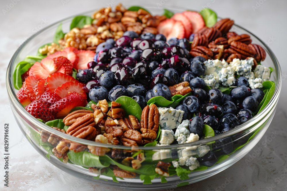 Strawberries and spinach fresh sweet fruit salad with blueberry, cheese cottage and walnuts. Healthy food, diet. Strawberries and spinach fresh sweet fruit salad with blueberry, cheese cottage and walnuts. Healthy food, diet.