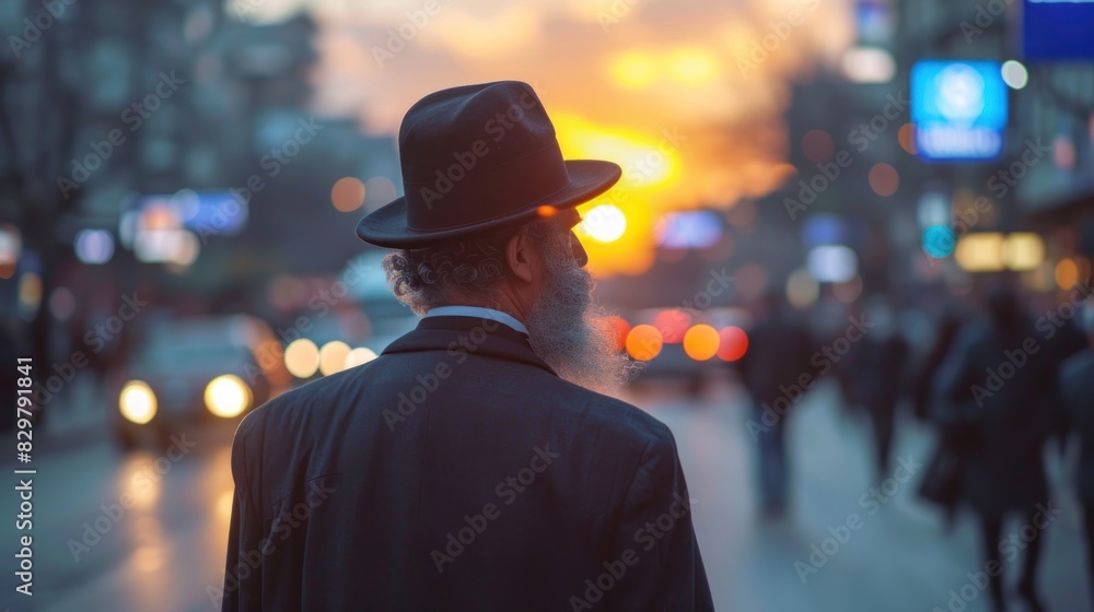 Rear view of a bearded man wearing a hat, golden hour city ambiance Rear view of a bearded man wearing a hat, golden hour city ambiance