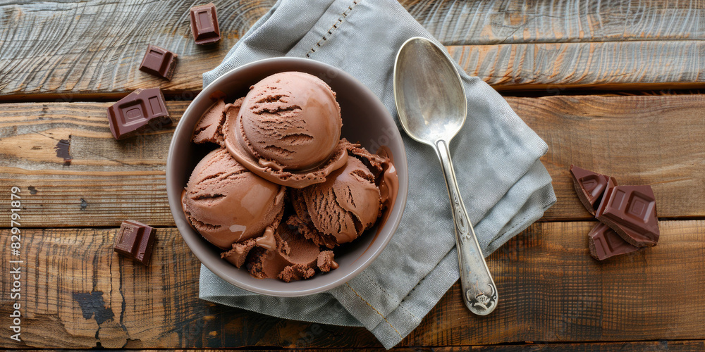 Bowl of Chocolate Chip Ice Cream on a Wooden Table with Space for Copy Bowl of Chocolate Chip Ice Cream on a Wooden Table with Space for Copy