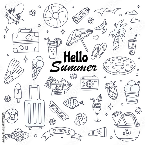 Hand drawn summer vacation and travel elements. Vector illustration set of summer doodles