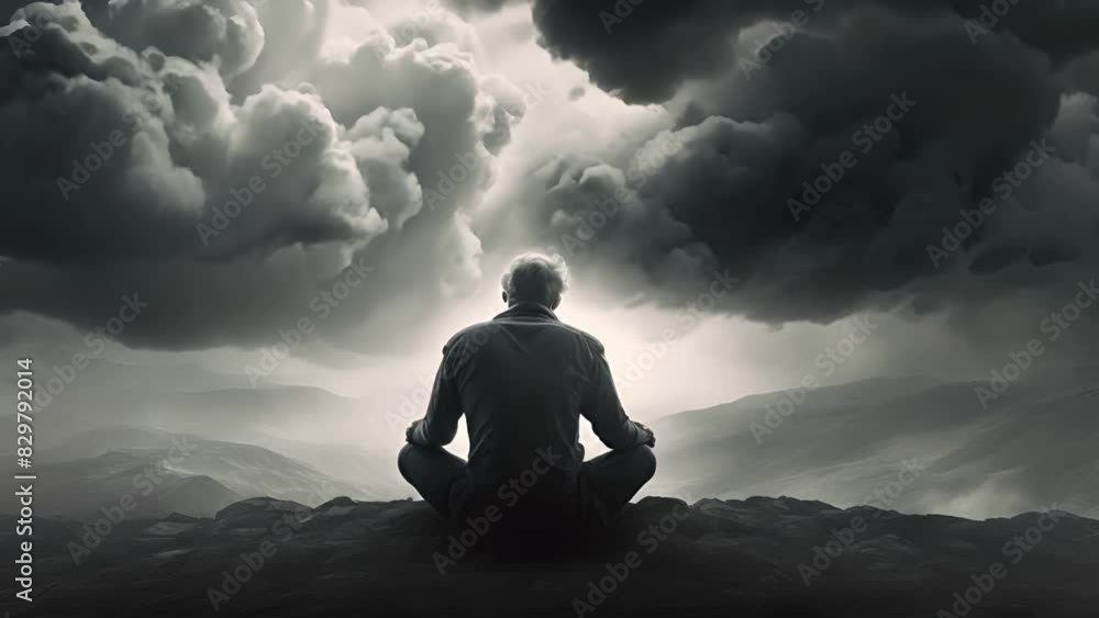 A solitary figure sits on a hilltop, gazing at the dramatic sky filled ...