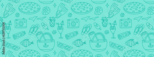 Summer background. Banner with hand drawn summer icons and copyspace. Elements of summer holidays and travel in doodle style. Suitable for cards, banner, textiles, wallpapers