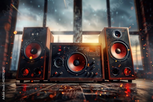 Vintage high-fidelity stereo speakers with artistic bokeh background, capturing the essence of classic audio equipment in a modern setting. photo