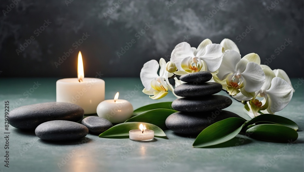 Zen stones, candles and white orchid flower on green and grey background with copy space, wellness and harmony, massage, spa and bodycare concept Zen stones, candles and white orchid flower on green and grey background with copy space, wellness and harmony, massage, spa and bodycare concept