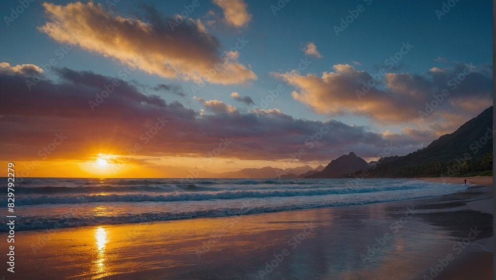Stunning serene beach with colorful sunrise and mountain backdrop Stunning serene beach with colorful sunrise and mountain backdrop