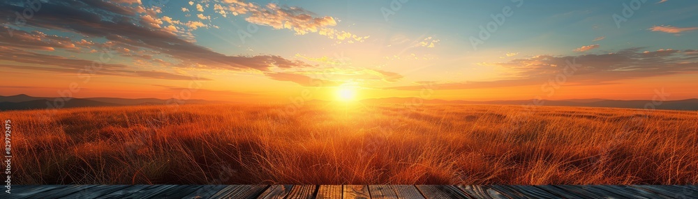 A stunning sunset over a golden wheat field, with a wooden platform in the foreground, capturing the beauty of nature and serenity of the countryside.