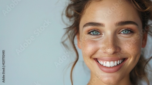 beautiful woman with even-toned face skin, smiling confidently in front of a simple white backdrop