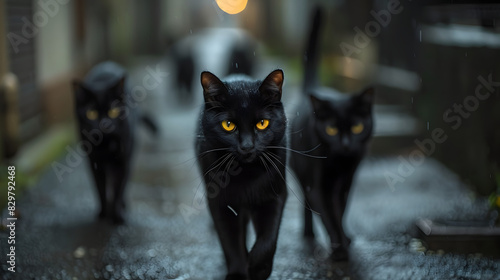 Gang of black cats walking on dark alley at night photo