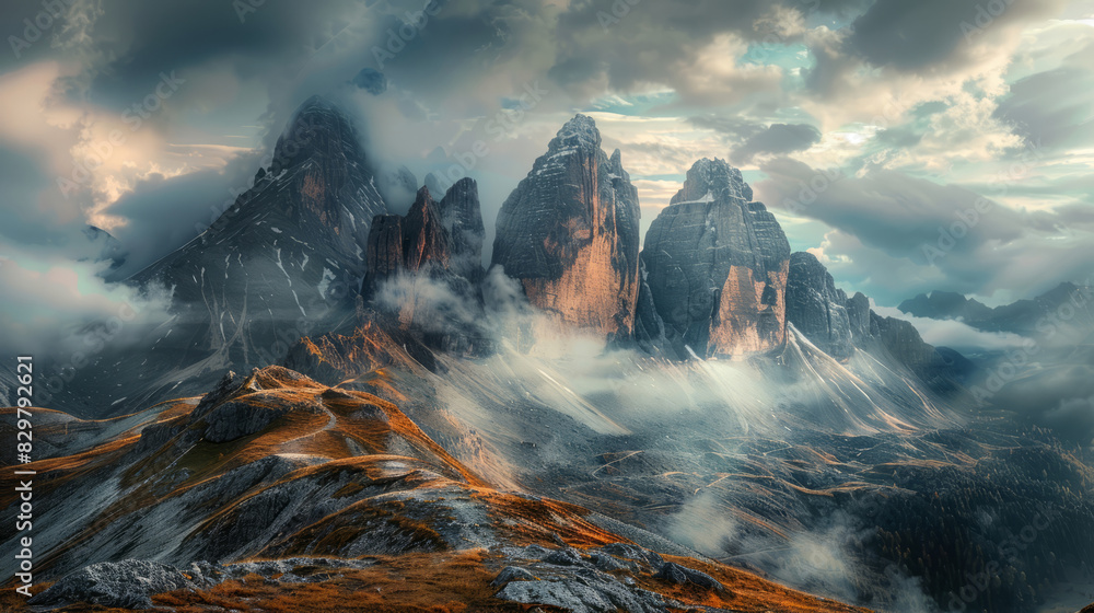 Naklejka premium Majestic mountain range shrouded in clouds during sunrise