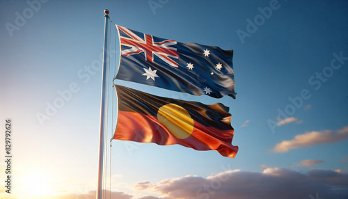 An Australian flag with an Aboriginal flag underneath, fluttering in the wind.