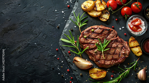 Flat lay composition with grilled meat steak on grey table