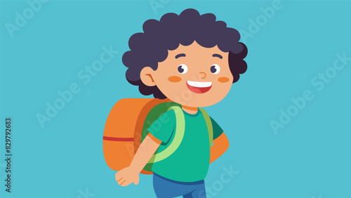 A younger child proudly carrying their new backpack size way too big for them but still having a huge grin on their face.. Vector illustration photo
