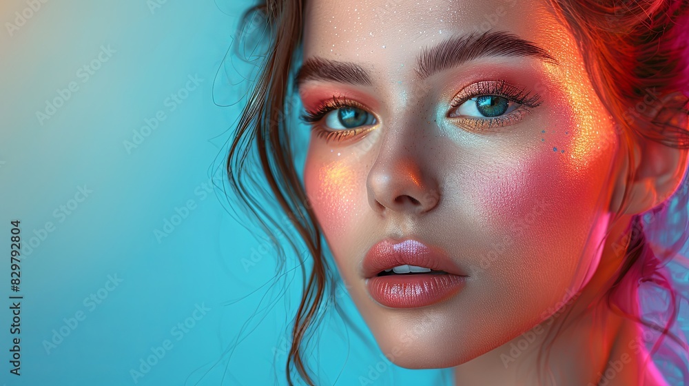 This image showcases a woman's face illuminated by vibrant colored lights, highlighting her features and makeup This image showcases a woman's face illuminated by vibrant colored lights, highlighting her features and makeup