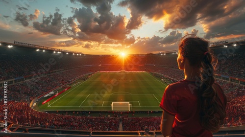 A woman observes a stunning sunset over a crowded football stadium from a high vantage point