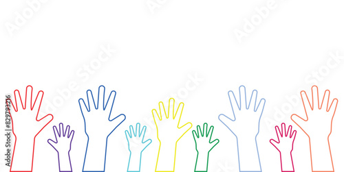 Celebrating raising hands outline vector illustration. Spectrum of raised hands. Unity in diversity icon.