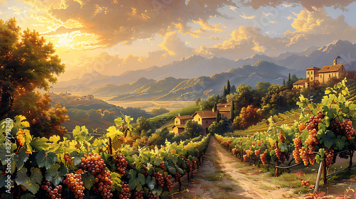 printable mural of a picturesque vineyard in summer with sunkissed grapes hanging from the vines rolling hills in the background and a warm breeze carrying the scent of ripening fruit photo