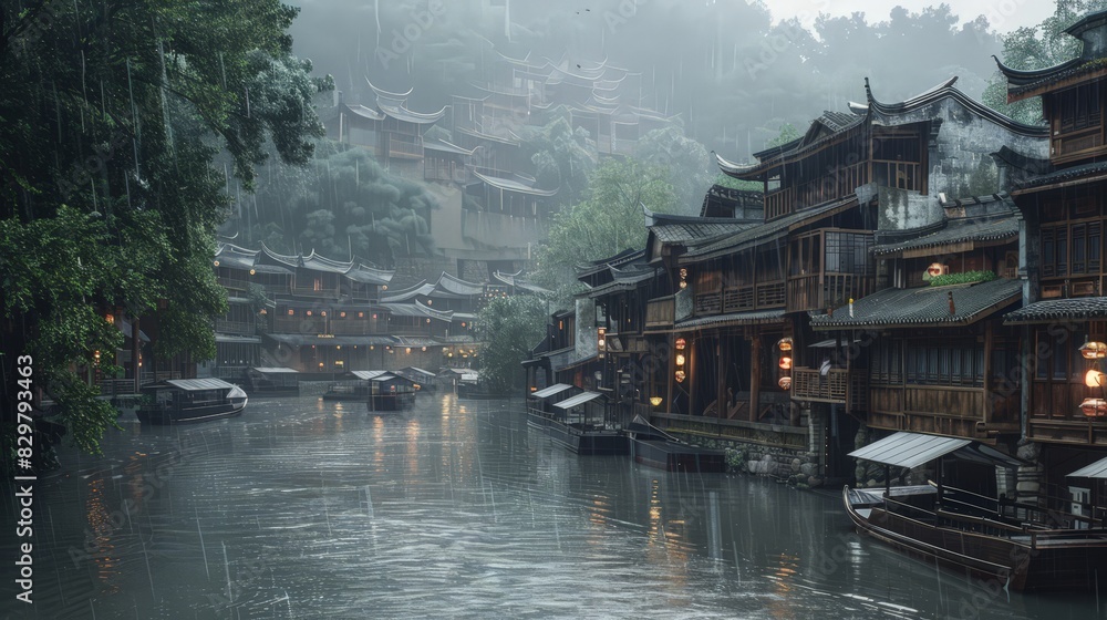 Fototapeta premium High-definition photography showcases the beauty of Chinese ancient architecture, with wooden houses and boats lining a river.