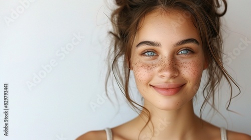 beautiful woman with even-toned face skin, smiling confidently in front of a simple white backdrop