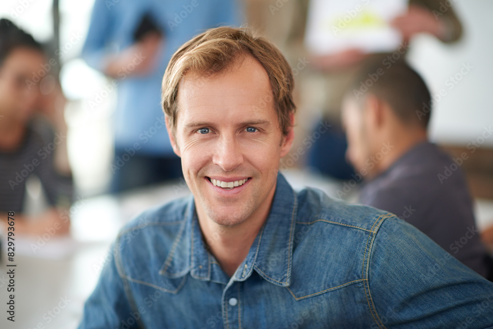 Obraz premium Portrait, business people and man in meeting, smile or cooperation for project, career ambition or design agency. Face, employees or consultant in boardroom, professional or worker for startup launch
