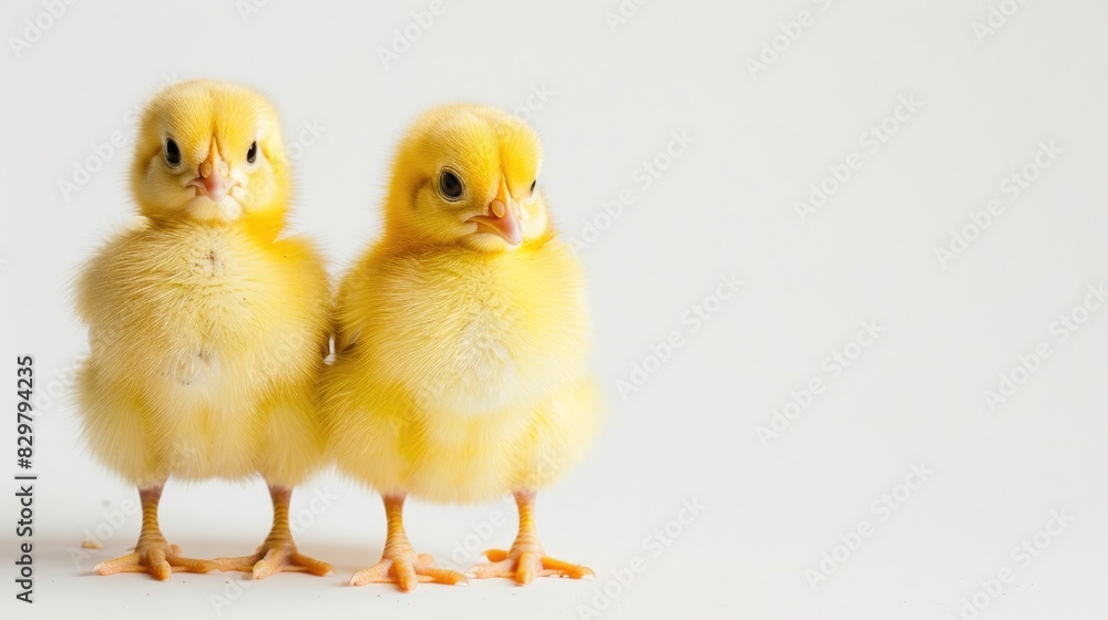 Two Easter chicks standing alone on a white backdrop Two Easter chicks standing alone on a white backdrop