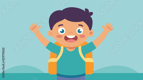 One child proudly shows off their new backpack beaming with excitement at starting school.. Vector illustration