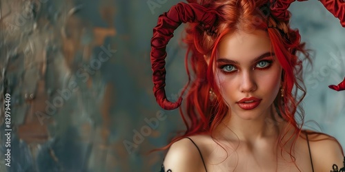 Woman wearing devil costume with horns for Halloween looking captivating and mysterious. Concept Halloween Costume, Devil Outfit, Mysterious Look, Captivating Pose photo