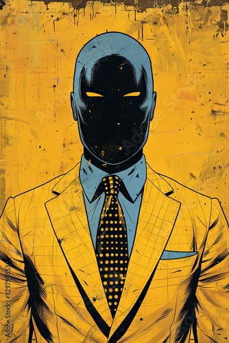 Stylized illustration of a man in a yellow suit with a faceless head and a cosmic background