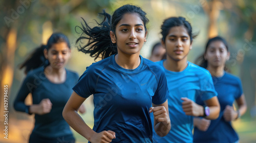 Group of young indian people in sports clothing jogging together outdoors