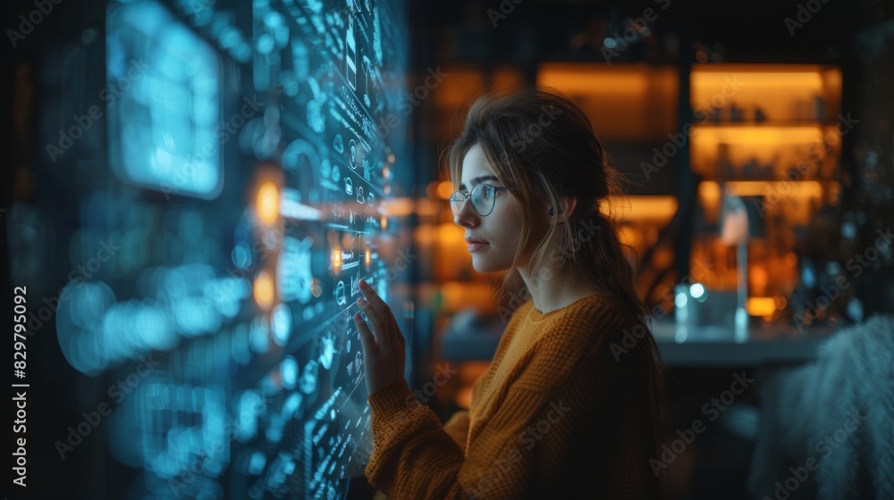 Woman with obscured face using an advanced digital interface with glowing blue data streams in a dark room Woman with obscured face using an advanced digital interface with glowing blue data streams in a dark room