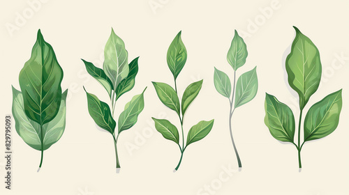 There are five green leaves of different photo