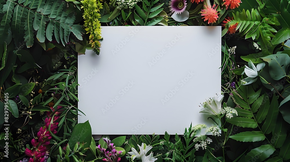 Blank white paper with a scenic background of colorful flowers and green foliage with copy space for text Blank white paper with a scenic background of colorful flowers and green foliage with copy space for text