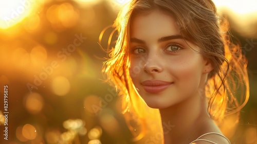 beautiful woman with radiant face skin, illuminated by golden hour sunligh