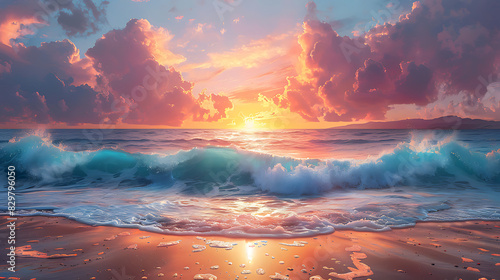 printable mural of a tranquil beach at sunset with golden sands gentle waves and a fiery sky painted in shades of orange and pink capturing the romance and tranquility of the seaside