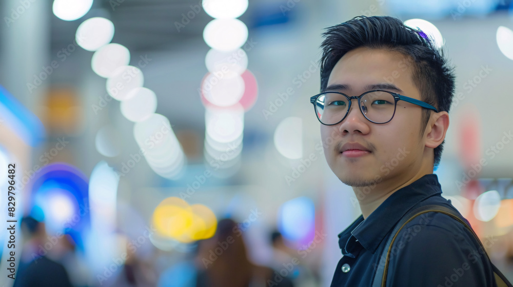 Naklejka premium Young man portrait in busy event hall. Confident young man wearing glasses in a bright event hall, perfect for websites or blogs about entrepreneurship, technology, or education.