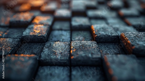 Detailed close-up of square tiles with a textured frosty surface and subtle orange highlights