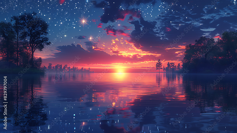 printable mural of a tranquil lake at twilight with still waters reflecting the colors of the sunset silhouetted trees lining the shore and the first stars twinkling in the night sky