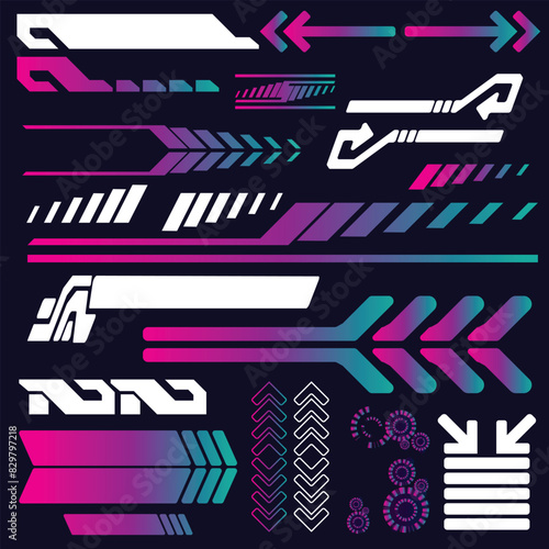 cyberpunk scifi gaming futuristic icon pattern HUD ux ui set collection template, 2d illustration rendering vector element