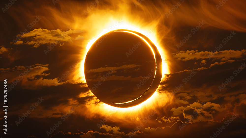 Obraz premium Spectacular Solar Eclipse with Fiery Corona and Dramatic Cloud Cover