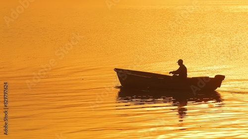 In the golden light of sunset  a fisherman rows his boat back to shore  the day s catch secured. The calm waters and fading sunlight create a serene end to a fulfilling day of fishing.