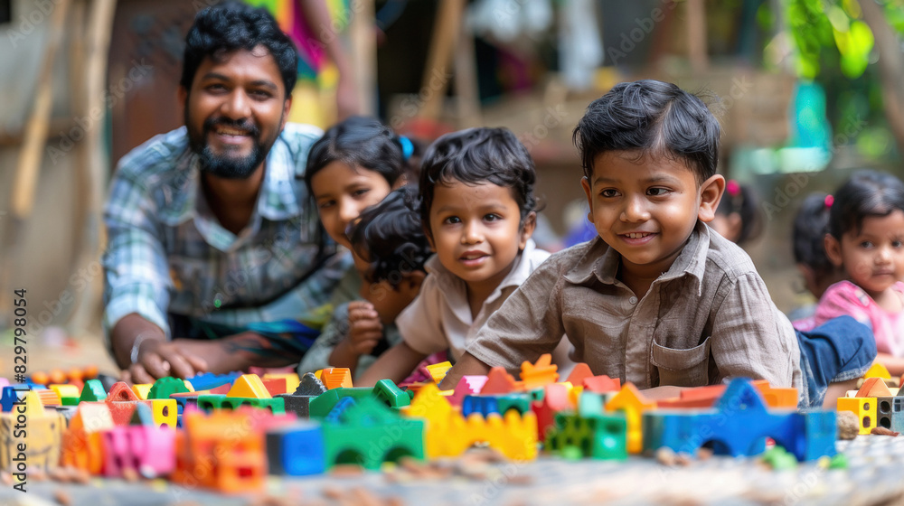 Indian children in kindergarten playing with toys, teacher standing behind Indian children in kindergarten playing with toys, teacher standing behind