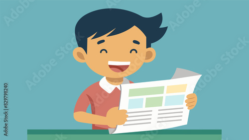 A student writer grinning as they see their byline for the first time in the school newspaper.. Vector illustration