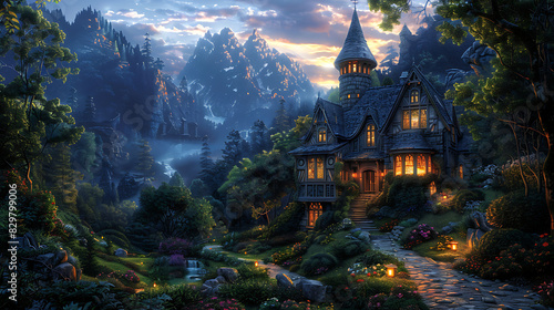 printable mural of enchanting fairy tale castle turrets towers winding staircases surrounded by lush gardens and mystical creatures transporting viewers to a magical realm of fantasy and imagination photo