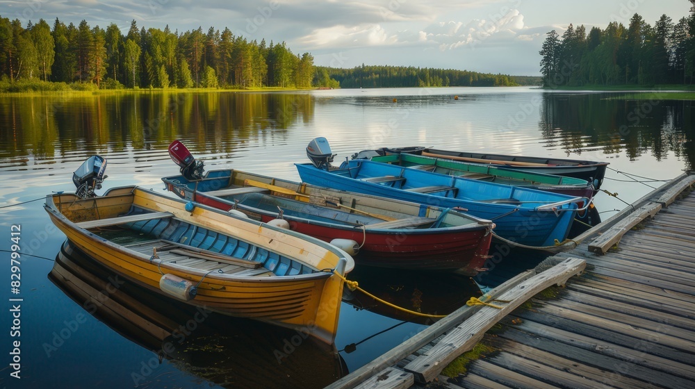 Moored to a pier at a Finnish camping site, motor boats, cutters, and small fishing rowing boats sit peacefully. The surrounding forest 