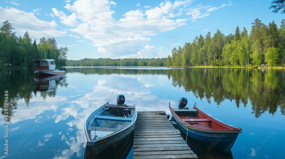 Motor boats, cutters, and small fishing rowing boats are moored to a pier at a serene camping site. Surrounded by a dense forest in Finland Motor boats, cutters, and small fishing rowing boats are moored to a pier at a serene camping site. Surrounded by a dense forest in Finland