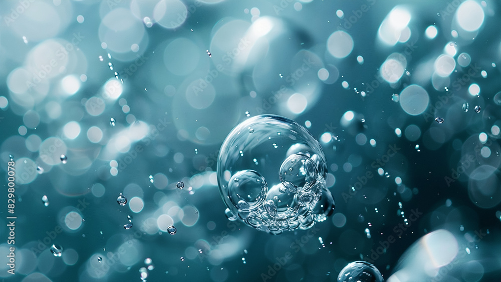 Close-Up of Water Bubbles Floating in a Sparkling Blue Liquid Background Close-Up of Water Bubbles Floating in a Sparkling Blue Liquid Background